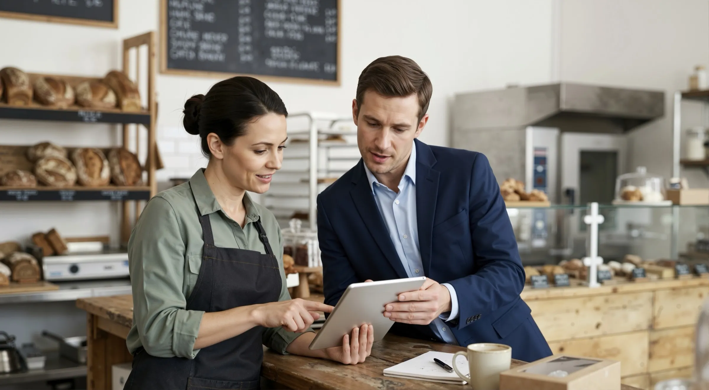 A consultant in a suit and a bakery owner in an apron looking at a tablet together behind the counter